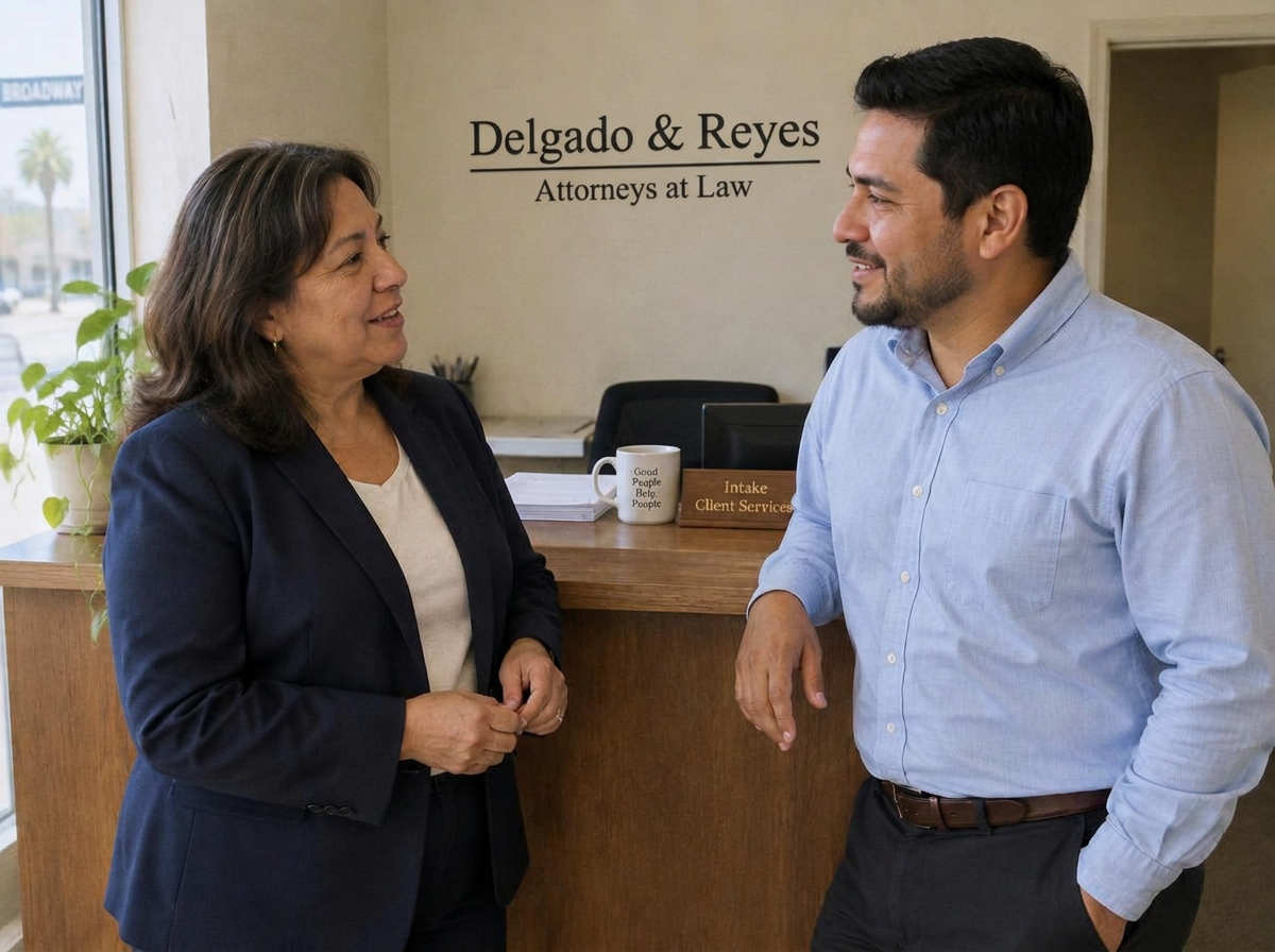 Attorneys Marisol Delgado and Andrés Reyes at the front desk of the Delgado & Reyes office on Broadway in Santa Ana