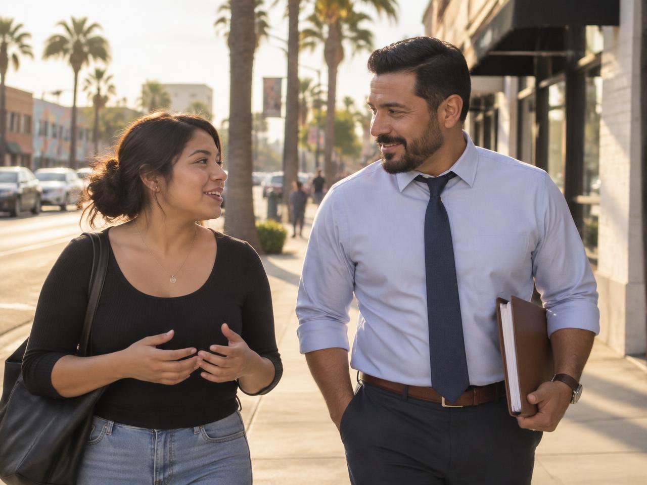 Attorney Andrés Reyes walking and talking with a client on a Santa Ana sidewalk
